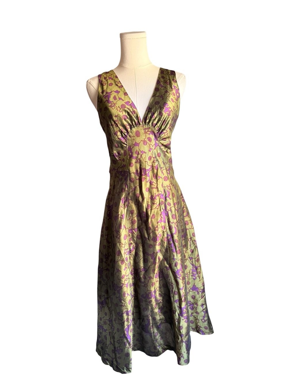 Jigsaw Olive and Purple Floral Satin Midi Dress